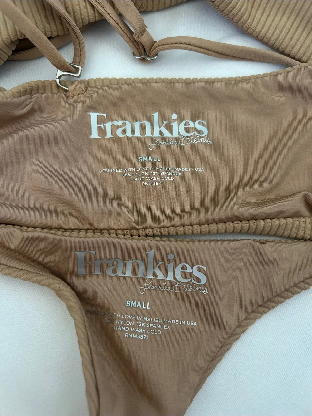 Frankies Bikinis Scarlet Ribbed Bandeau Bikini Set Top & Bottoms in Tan Nude